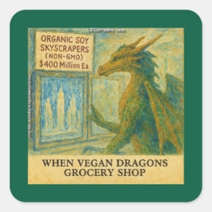 Adesivo Quadrado Compras engraçadas de supermercado do dragão vegan