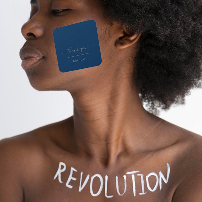 Adesivo Quadrado Compro Boutique do obrigado Marinho Azul MinimalIs (Thank Name Blue Navy MinimalIsm Boutique Shop Square Sticker)