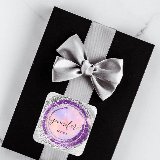 Adesivo Quadrado Compro Boutique Rosa Púrpura da Prata (Boutique Shop Glitter Purple Silver Pink Square Sticker)