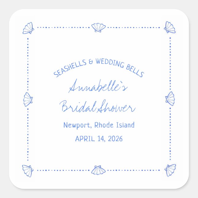 Adesivo Quadrado Conchas Desenhadas à Mão & Sininhos de Casamento C (Frente)