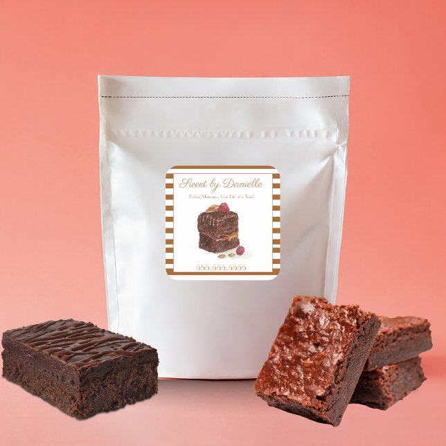 Adesivo Quadrado Confeitaria de Brownie de Aquarela Doces (Great logo sticker for your home bakery business or food gifts.)