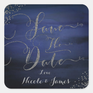 Adesivo Quadrado Confeti Prateado Azul Aguarela Moderna Salvar Data