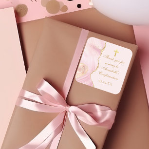 Adesivo Quadrado Confirmação Elegante Dourada, Cor-de-Rosa, Persona