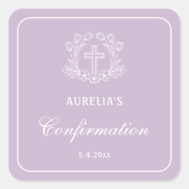 Adesivo Quadrado Confirmação Simples da Cruz Floral no Lilac