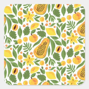 Adesivo Quadrado Conjunto de Frutas exóticas: Papaya, Lemon, Mango