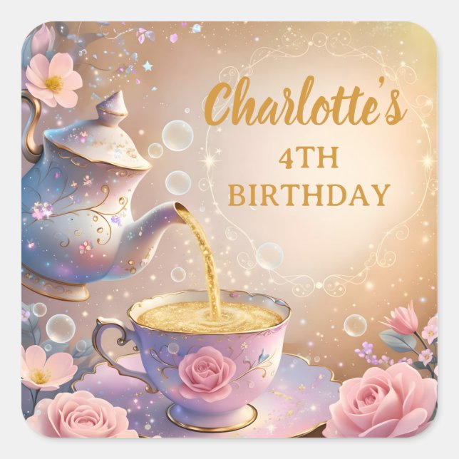 Adesivo Quadrado Conjunto de Xícara e Bule de Chá Floral - Festa de (Frente)