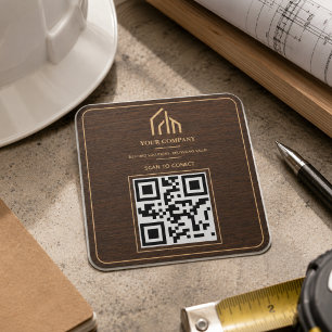 Adesivo Quadrado Construção de Código QR com Textura de Madeira Mod