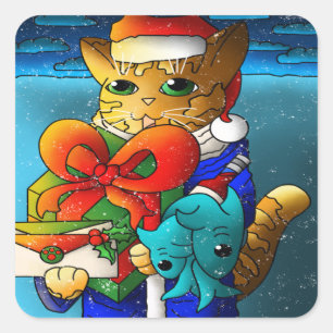 Adesivo Quadrado Convidado de Gato de Natal