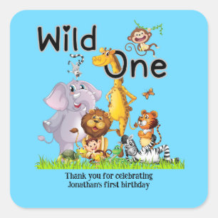 Adesivo Quadrado Convite de aniversário de 1 ano do Safari dos Anim