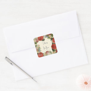 Adesivo Quadrado Convite de Casamento de BOHO Floral Retro