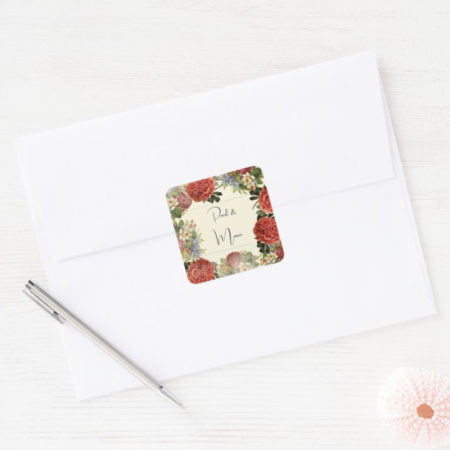 Adesivo Quadrado Convite de Casamento de BOHO Floral Retro (Envelope)