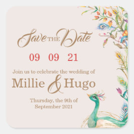Adesivo Quadrado Convite de Casamento de Tema de Peacock