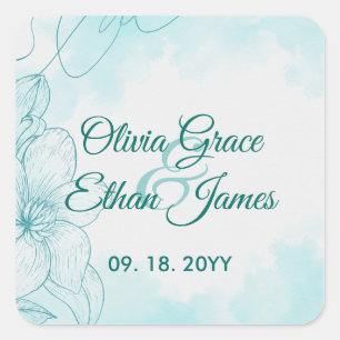 Adesivo Quadrado Convite de Casamento Floral em Aquarela Azul Elega