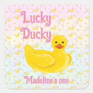 Adesivo Quadrado Convite de Primeiro Aniversário do Lucky Ducky