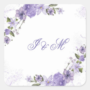 Adesivo Quadrado Convite para Casamento Floral de Púrpura Elegante
