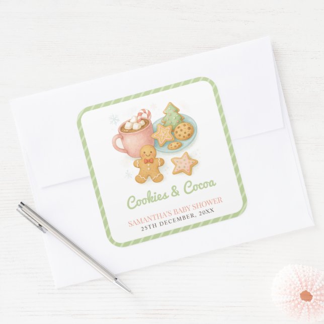 Adesivo Quadrado Cookies and Cocoa Christmas Baby Shower  (Envelope)