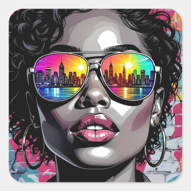 Adesivo Quadrado Cool Comic Woman in City with Sunglasses (Frente)