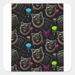 Adesivo Quadrado Cool Gangster Cat Neon Graffiti Streetwear Planner