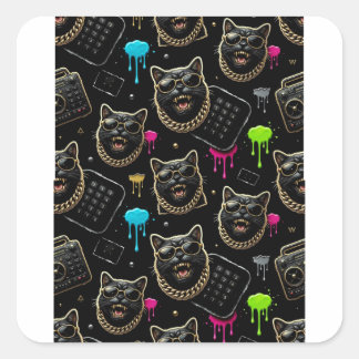 Adesivo Quadrado Cool Gangster Cat Neon Graffiti Streetwear Planner