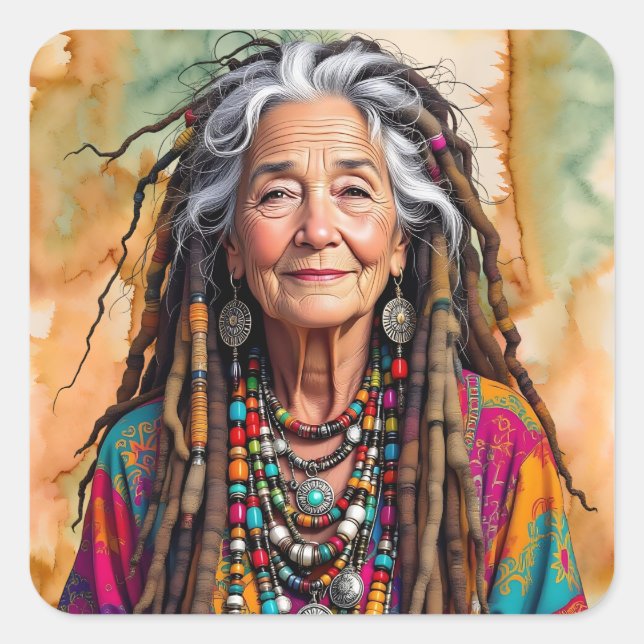 Adesivo Quadrado Cool Old Lady in Dread Locks Hippie Woman (Frente)