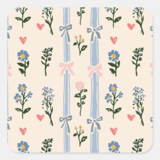 Adesivo Quadrado Coquete Laço Rosa Listra Azul Botânico Floral