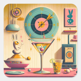 Adesivo Quadrado Coquetel de Coelho Futurista Retro Atômico de Mead
