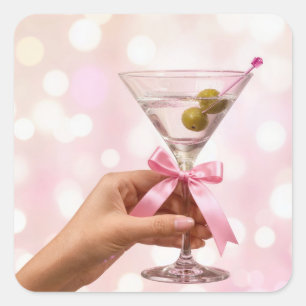 Adesivo Quadrado Coquetel Martini com Laço de Seda Rosa
