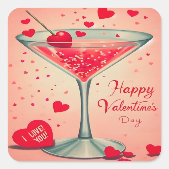 Adesivo Quadrado Coquetel Mid Century Valentine Martini (Frente)