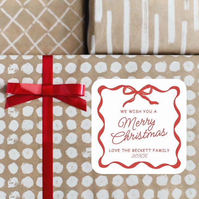 Adesivo Quadrado Coquette Curvy Ribbon & Bow Retro Merry Christmas (Criador carregado)