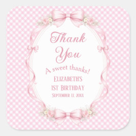 Adesivo Quadrado Coquette Pink Gingham Bow First Birthday Thank You