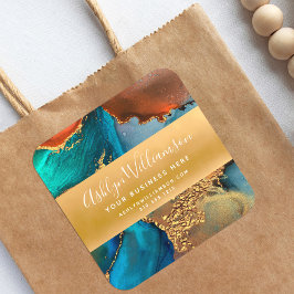 Adesivo Quadrado Cor da água moderna turquesa de ouro laranja