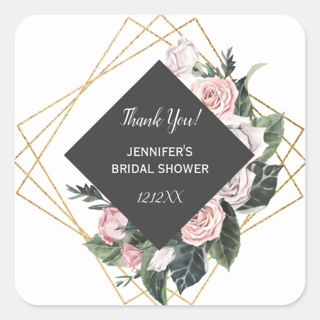 Adesivo Quadrado Cor da Água Rosa e Dourada Floral (Frente)