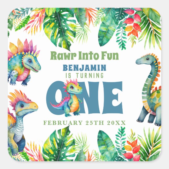 Adesivo Quadrado Cor d'água do primeiro aniversario do Tema do Dino (Frente)