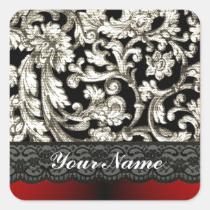 Adesivo Quadrado Cor damasco floral preto e vermelho