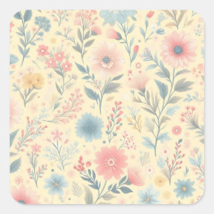 Adesivo Quadrado Cor-de-rosa florido Pastel e azul no amarelo-claro