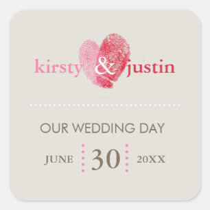Adesivo Quadrado Coração bonito da impressão digital do casament
