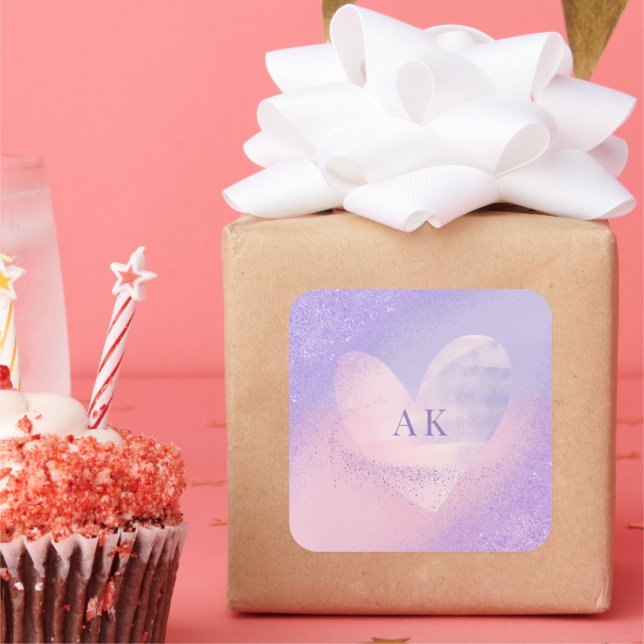 Adesivo Quadrado Coração com Gradiente Rosa Púrpura Monograma (Festa)