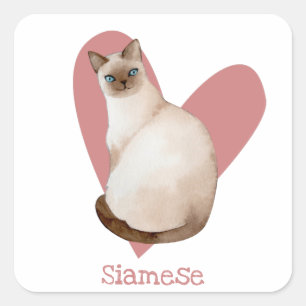 Adesivo Quadrado Coração Cor de Água do Gatinho Rosa Siamês