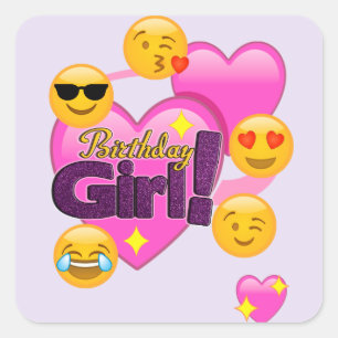 Adesivo Quadrado Coração de Emojis da menina do aniversário