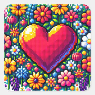 Adesivo Quadrado Coração em Flores Arte em Pixel