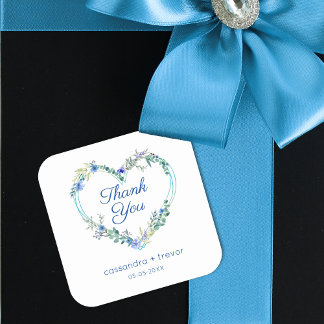 Adesivo Quadrado Coração Floral Azul de Aquarela com Folhas