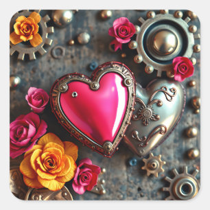 Adesivo Quadrado Coração Rosa e Engrenagens Metálicas Steampunk