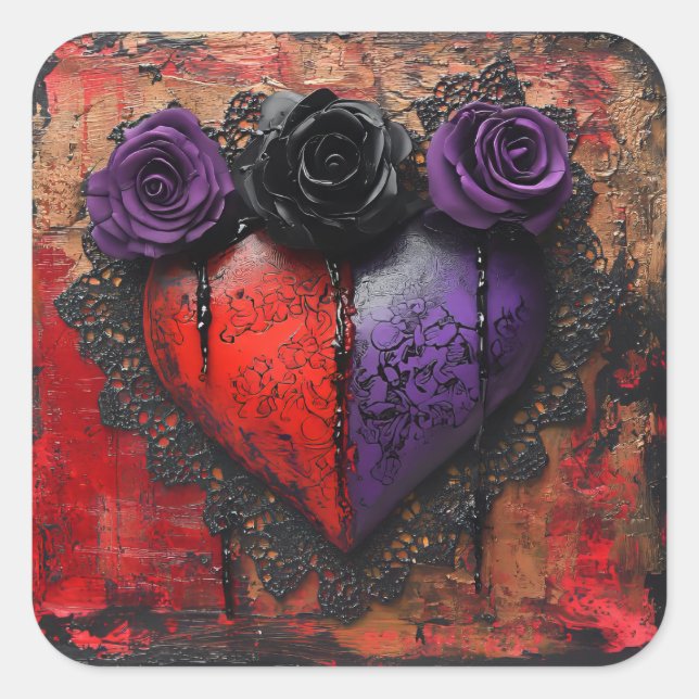 Adesivo Quadrado Coração Vermelho e Roxo Gótico com Flores (Frente)