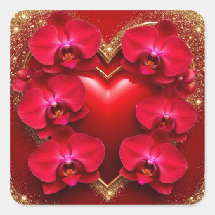 Adesivo Quadrado Coração Vermelho Rodeado por Orquídeas Elegantes