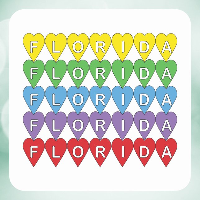 Adesivo Quadrado Corações Arco-íris da Flórida (A sticker that says Florida in a rainbow heart pattern.)