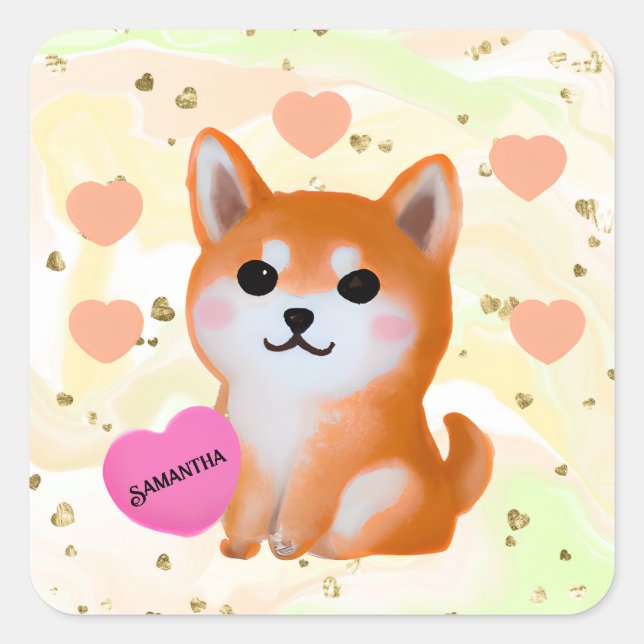 Adesivo Quadrado Corações Cute Shiba Inu | Para O Cão Lover (Frente)