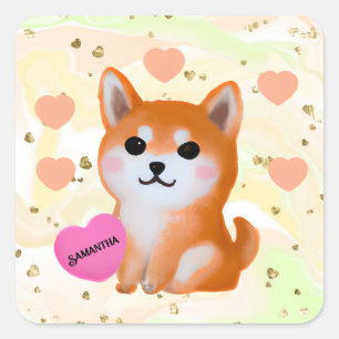 Adesivo Quadrado Corações Cute Shiba Inu Para O Cão Lover