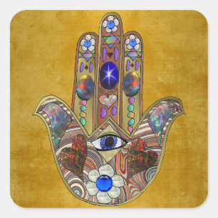 Adesivo Quadrado Corações de Hamsa Flores Opala Arte em Ouro