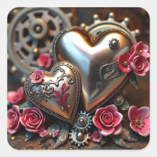 Adesivo Quadrado Corações de Metal e Flores Rosas Steampunk