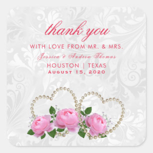 Adesivo Quadrado Corações de Pérola & Rosas Casamento Damask Agrade